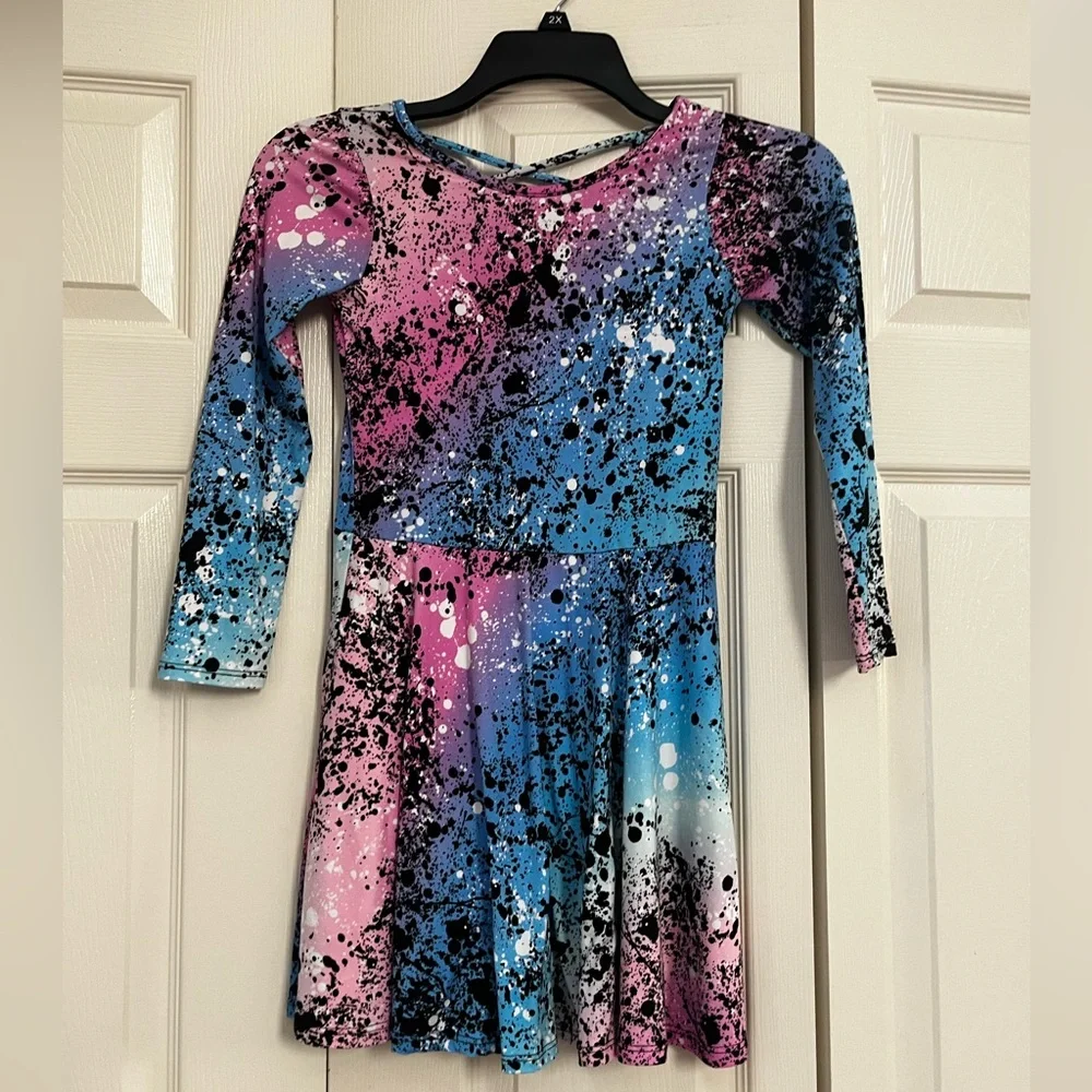 EUC - Pixielane Long Sleeve Skater Dress - Blue and Pink Splatter - Girls 9/10
